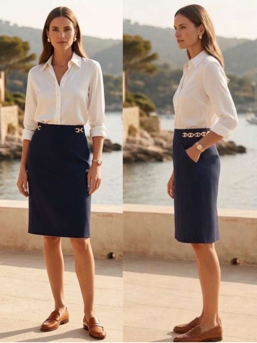 Vintage MILLY of NY Navy Cotton Silk Pencil Skirt Gold Horsebit Sz 6 8 Old Money